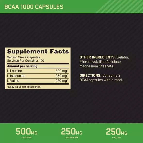 Optimum Nutrition BCAA 1000 200 Capsules (100 Servings) Portugal | YLCQBG509