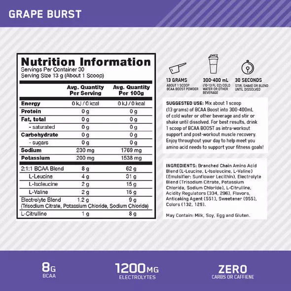 Optimum Nutrition BCAA Boost Grape 30 Serves Portugal | AHSNQI187