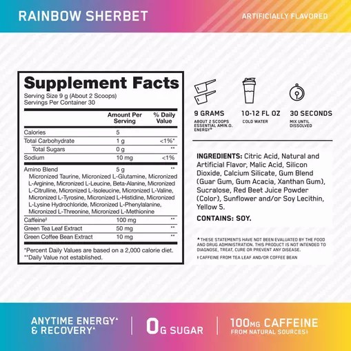 Optimum Nutrition ESSENTIAL AMIN.O. ENERGY® *new* Rainbow Sherbet - Notify Me 0.6 lb - Notify me Portugal | YHGMAQ170