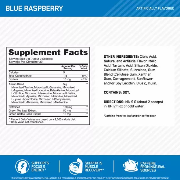 Optimum Nutrition ESSENTIAL AMIN.O. ENERGY® Blue Raspberry 1.29 lb (65 Servings) Portugal | IEMKNH139