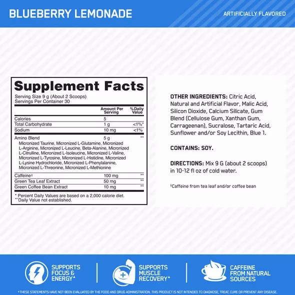 Optimum Nutrition ESSENTIAL AMIN.O. ENERGY® Blueberry Lemonade 0.6 lb (30 Servings) Portugal | XZMSAN283