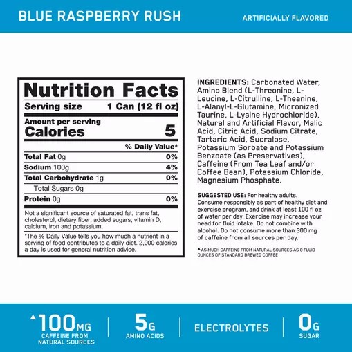 Optimum Nutrition ESSENTIAL AMIN.O. ENERGY+ Electrolytes Sparkling *new* Blue Raspberry Rush 355ml * 12 Cans (12 Servings) Portugal | GJMXLC920