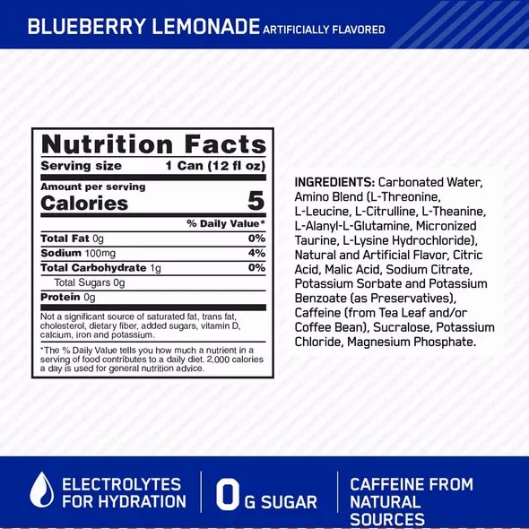 Optimum Nutrition ESSENTIAL AMIN.O. ENERGY+ Electrolytes Sparkling Blueberry Lemonade 355ml * 12 Cans (12 Servings) Portugal | QJXKVC453