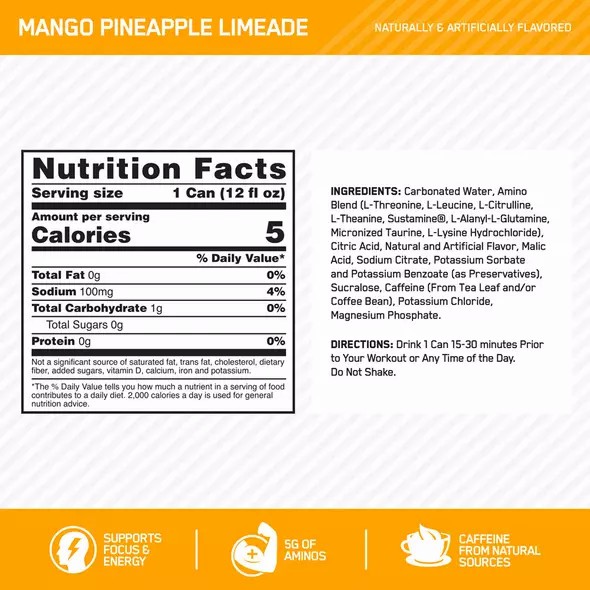 Optimum Nutrition ESSENTIAL AMIN.O. ENERGY+ Electrolytes Sparkling Mango Pineapple Lime 355ml * 12 Cans (12 Servings) Portugal | IGRHAM714