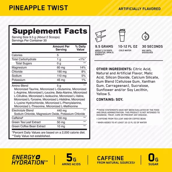 Optimum Nutrition Essential AMIN.O. ENERGY + Electrolytes Pineapple Twist 0.63 lb (30 Servings) Portugal | NFJRAM486