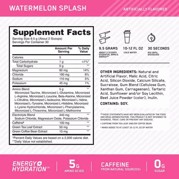 Optimum Nutrition Essential AMIN.O. ENERGY + Electrolytes Watermelon Splash 0.63 lb (30 Servings) Portugal | COULTP902