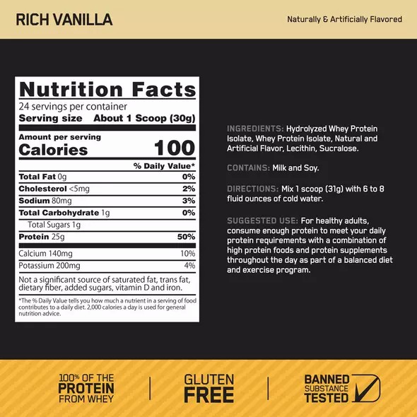 Optimum Nutrition GOLD STANDARD® 100% Isolate Rich Vanilla 2.91 lb (44 Servings) Portugal | RKNLAY019