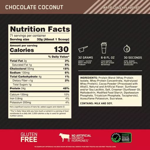 Optimum Nutrition GOLD STANDARD 100% WHEY™ Chocolate Coconut 5 lb (71 Servings) Portugal | OZVCAR078