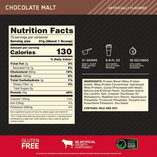 Optimum Nutrition GOLD STANDARD 100% WHEY™ Chocolate Malt 5 lb (73 Servings) Portugal | ZKFYHB910