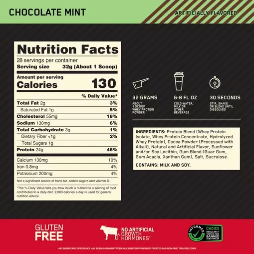 Optimum Nutrition GOLD STANDARD 100% WHEY™ Chocolate Mint 2 lb (28 Servings) Portugal | BUGJCS619