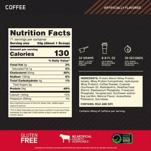 Optimum Nutrition GOLD STANDARD 100% WHEY™ Coffee 5 lb (71 Servings) Portugal | TFUIGE304