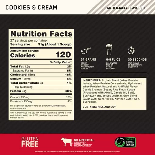 Optimum Nutrition GOLD STANDARD 100% WHEY™ Cookies & Cream 2 lb (27 Servings) Portugal | JWNPRS826