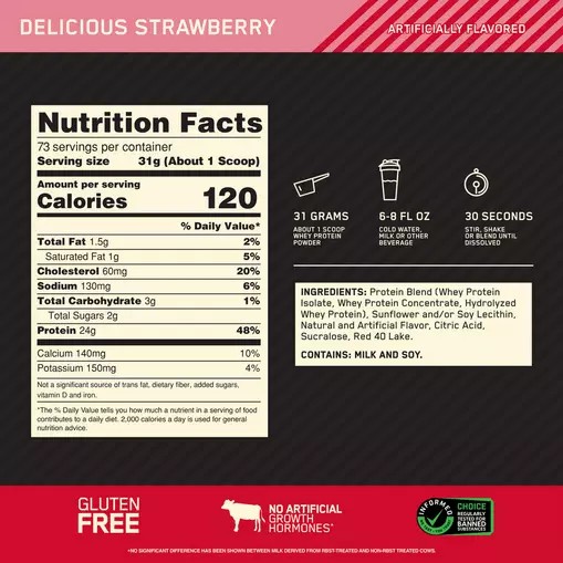 Optimum Nutrition GOLD STANDARD 100% WHEY™ Delicious Strawberry 5 lb (73 Servings) Portugal | ICADUP645