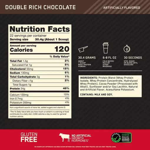 Optimum Nutrition GOLD STANDARD 100% WHEY™ Double Rich Chocolate 1.5 lb (22 Servings) Portugal | OWDGKS084