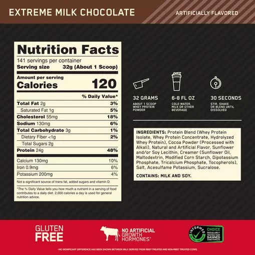 Optimum Nutrition GOLD STANDARD 100% WHEY™ Extreme Milk Chocolate 10 lb (141 Servings) Portugal | FPODML267