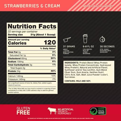 Optimum Nutrition GOLD STANDARD 100% WHEY™ Strawberries & Cream 1.5 lb (22 Servings) Portugal | ACBIVX945