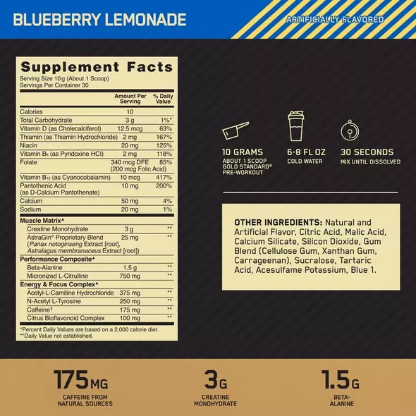 Optimum Nutrition GOLD STANDARD® Pre-Workout Blueberry Lemonade 0.66 lb (30 Servings) Portugal | TCESIW932