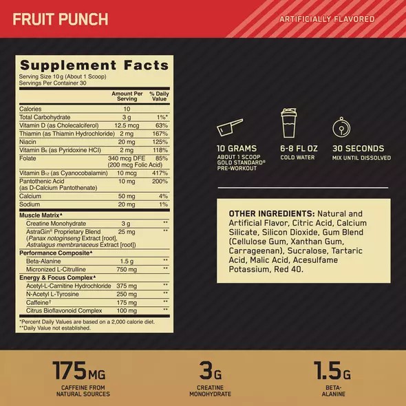 Optimum Nutrition GOLD STANDARD® Pre-Workout Fruit Punch 0.66 lb (30 Servings) Portugal | RJMDFT254