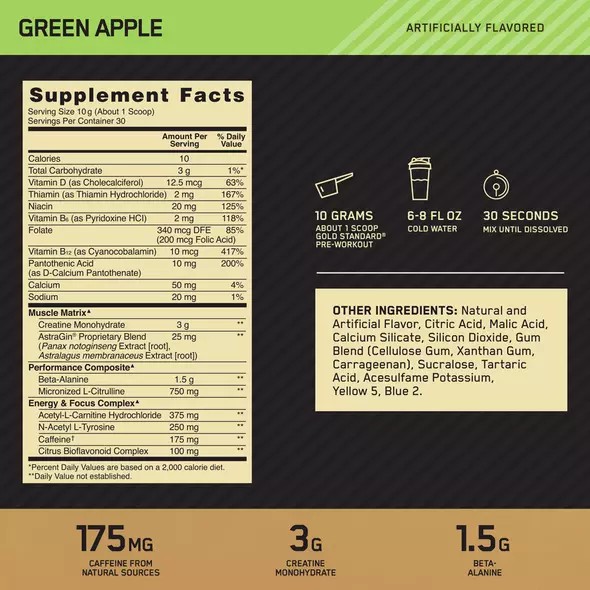 Optimum Nutrition GOLD STANDARD® Pre-Workout Green Apple 0.66 lb (30 Servings) Portugal | CPHIRA614