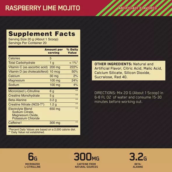 Optimum Nutrition GOLD STANDARD® Pre Advanced Raspberry Lime Mojito 0.88 lb (20 Servings) Portugal | YMVODU689