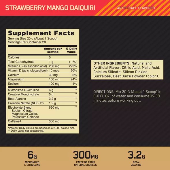 Optimum Nutrition GOLD STANDARD® Pre Advanced Strawberry Mango Daiquiri 0.88 lb (20 Servings) Portugal | CSJELI529