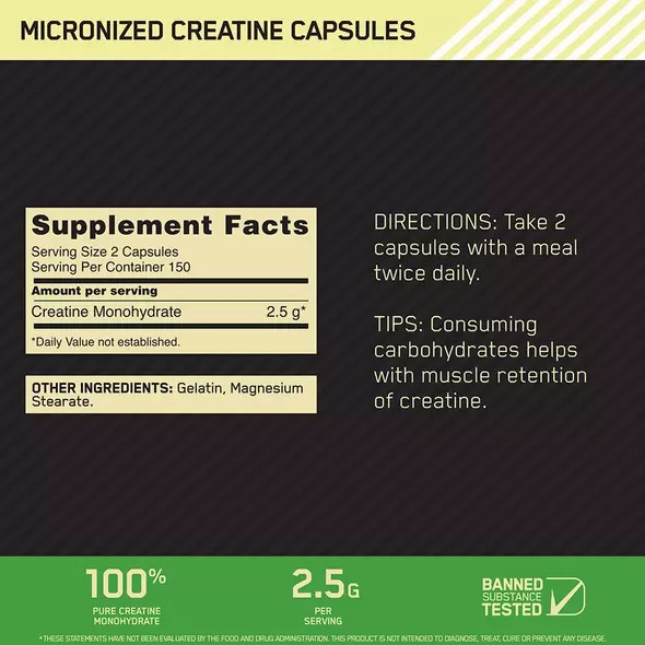 Optimum Nutrition Micronized Creatine Capsules 300 Capsules (150 Servings) Portugal | WNQJUV091