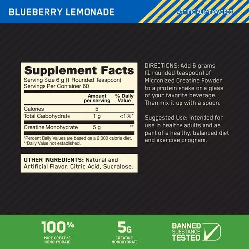 Optimum Nutrition Micronized Creatine Powder Blueberry Lemonade 0.79 lb (60 Servings) Portugal | WHNYOF563