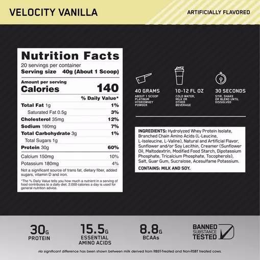 Optimum Nutrition PLATINUM HYDROWHEY™ Velocity Vanilla 1.76 lb (20 Servings) Portugal | SMJDWI429