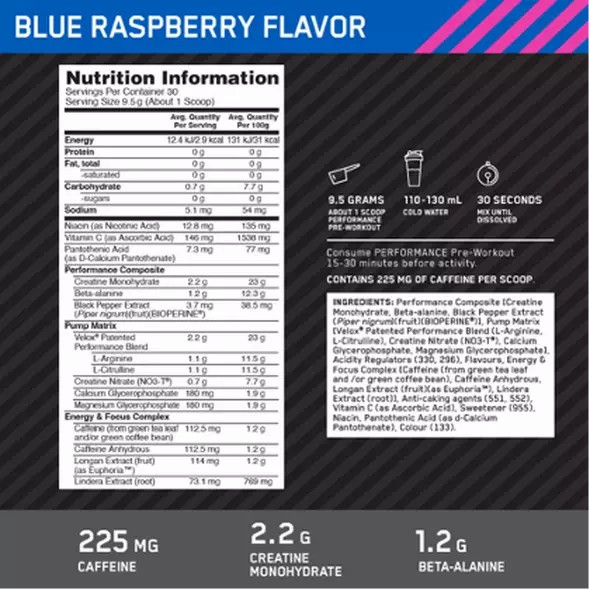 Optimum Nutrition Performance Pre-Workout Blue Raspberry 285g Portugal | JLCGUX576