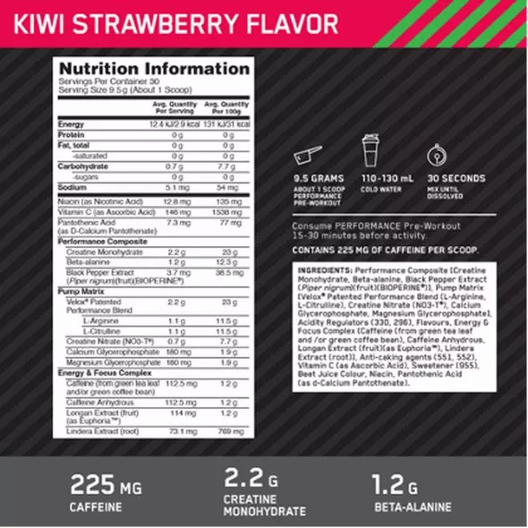 Optimum Nutrition Performance Pre-Workout Kiwi Strawberry 285g Portugal | TSKMRD946