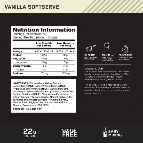 Optimum Nutrition Performance Whey Vanilla 1.95kg Portugal | GIBAVD501