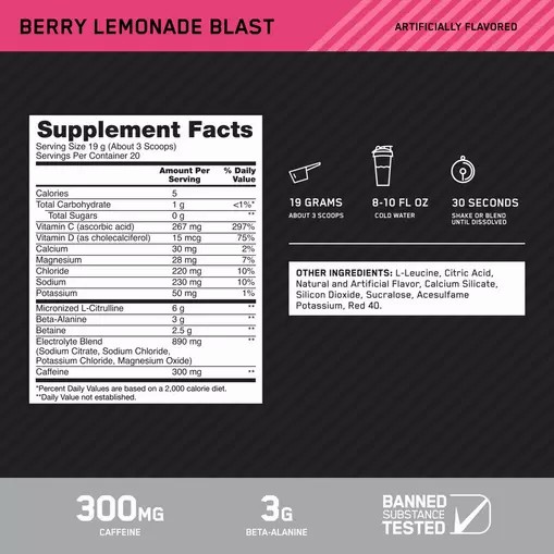 Optimum Nutrition Platinum Igniter Berry Lemonade Blast 0.84 lb (20 Servings) Portugal | DYKBLM401