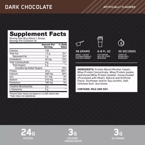 Optimum Nutrition Platinum Rebuild Dark Chocolate 1.67 lb (20 Servings) Portugal | DVHYFX507