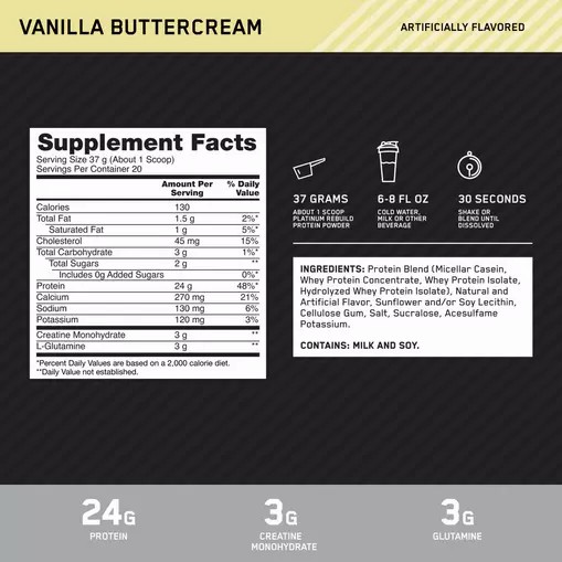 Optimum Nutrition Platinum Rebuild Vanilla Buttercream 1.63 lb (20 Servings) Portugal | BATOER631