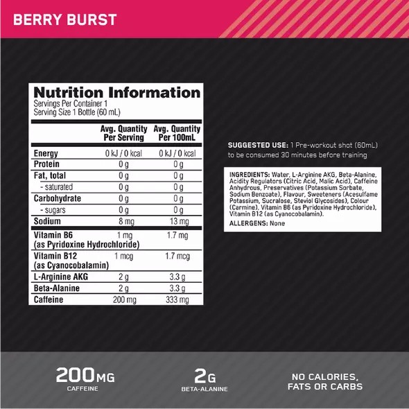 Optimum Nutrition Pure Pre 200 Pre-Workout Shot Berry 60ml (12 shots) Portugal | WKHRYG356