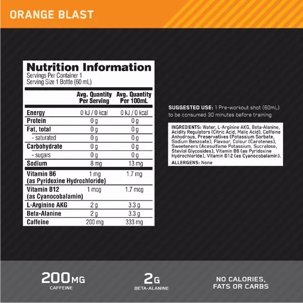 Optimum Nutrition Pure Pre 200 Pre-Workout Shot Orange 60ml (12 shots) Portugal | TPRMWE264