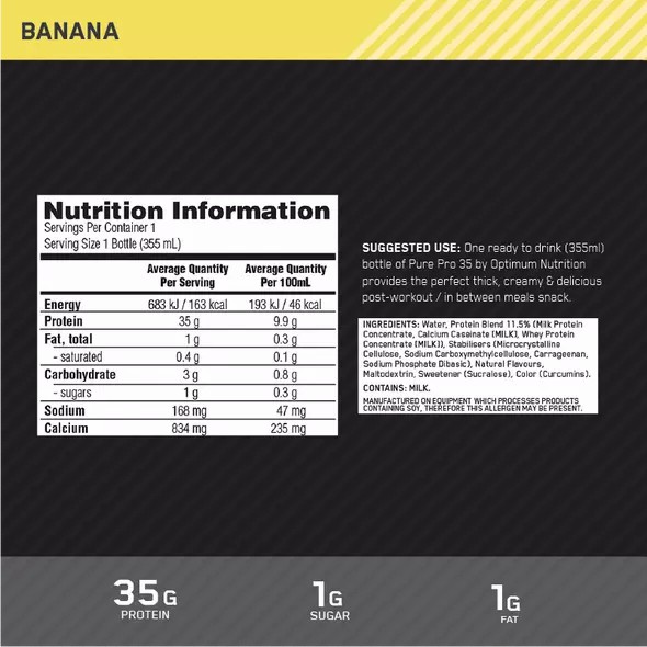 Optimum Nutrition Pure Pro 35 Banana 355ml (6 bottles) Portugal | YQMXAE162