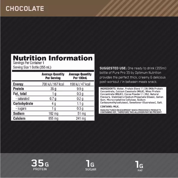 Optimum Nutrition Pure Pro 35 Chocolate 355ml (6 bottles) Portugal | YPRFNT956