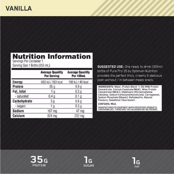 Optimum Nutrition Pure Pro 35 Vanilla 355ml (6 bottles) Portugal | YVANZS735