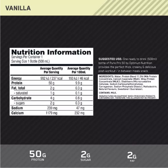 Optimum Nutrition Pure Pro 50 Vanilla 508ml (12 bottles) Portugal | YEGLAQ680